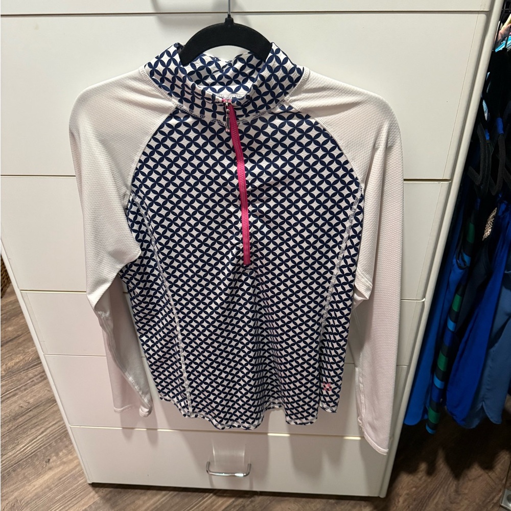 Blue and White Patterned Jacket with Pink Trim